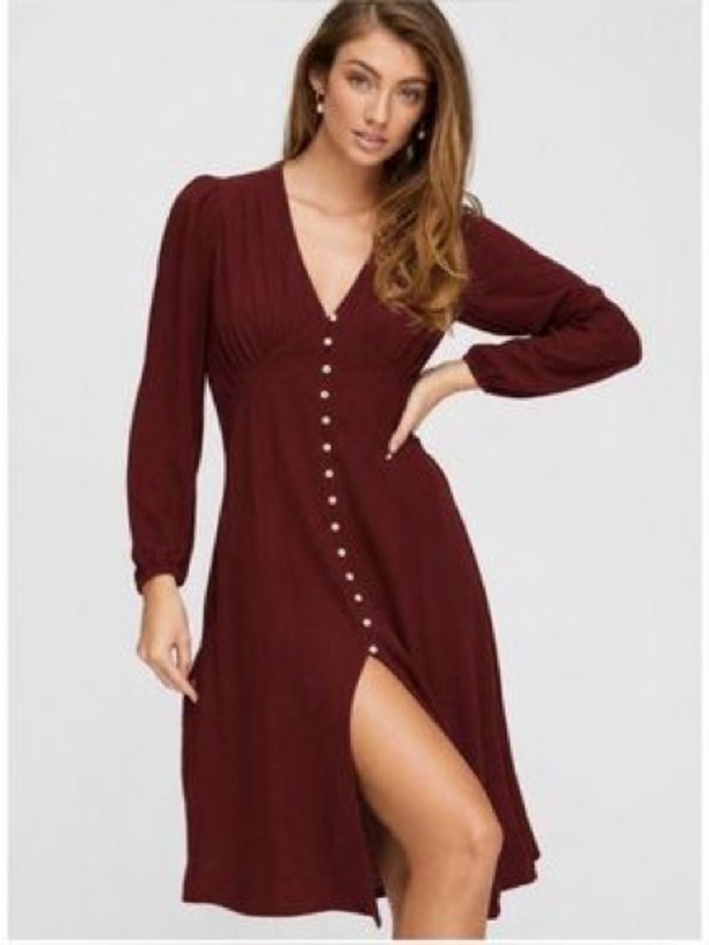 Aritzia Wine Button-Front V-Neck Midi Dress Sz M